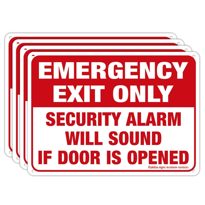 Faittoo Emergency Exit Only - Security Alarm Will Sound If Door Is Opened Sign, 4 Pack, 10 x 7 inch .40 Rust Free Aluminum, UV Protected, Weather Resistant, Waterproof, Durable Ink, Easy to install - Image 1
